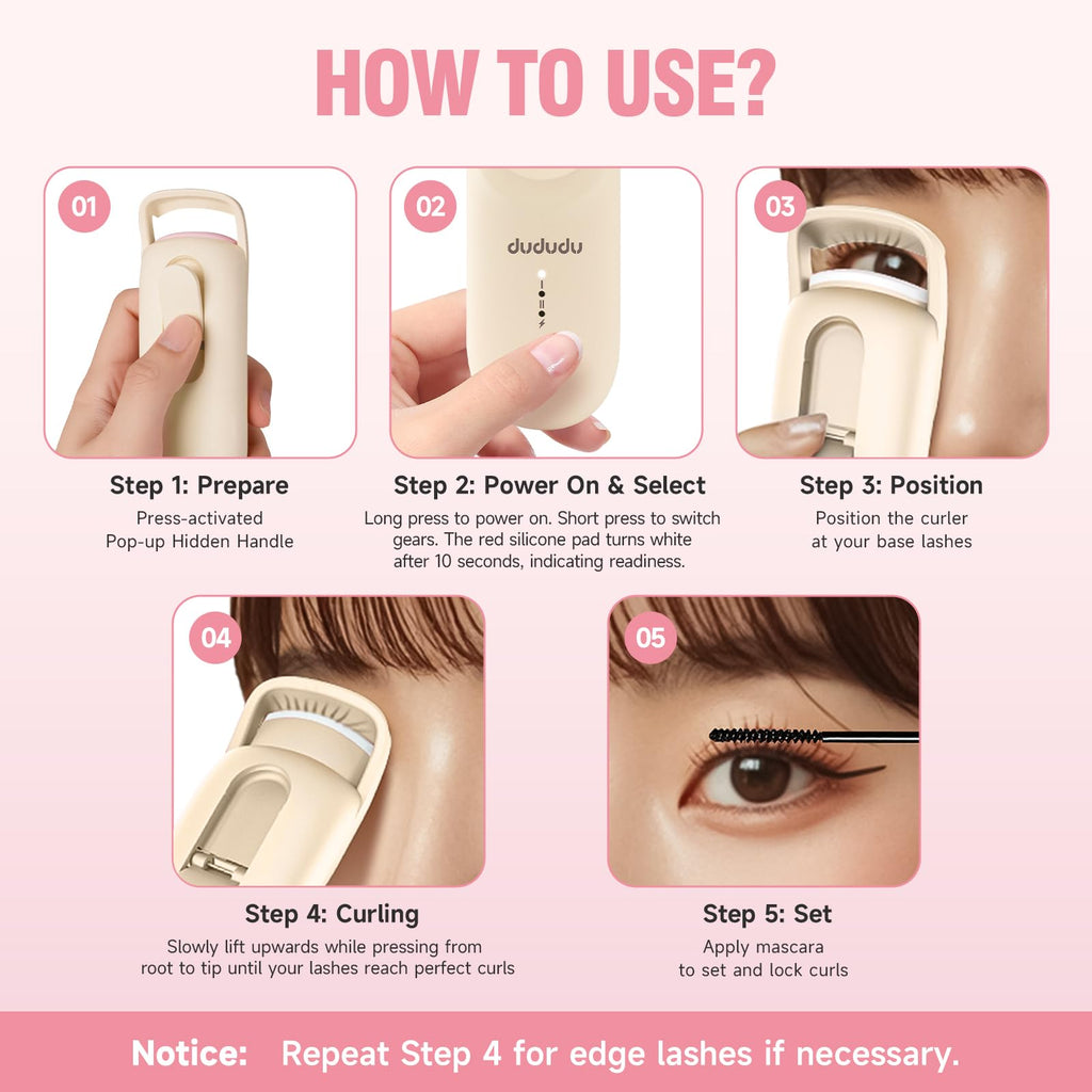 DUDUDU Heated Eyelash Curler – 2-Temp, 10S Heat, Portable Travel-Size