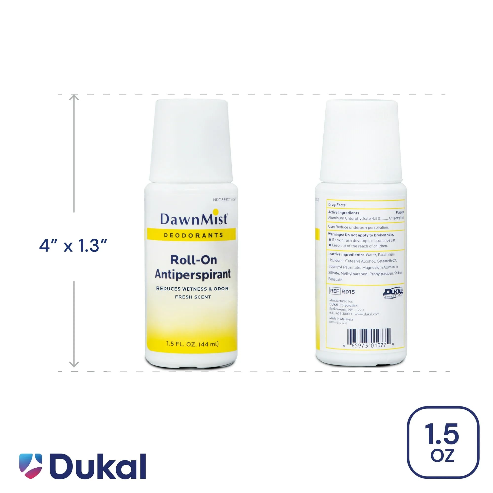 DawnMist Dukal RD15 Roll-On Antiperspirant & Deodorant – Fresh Scent, Travel Size, 1.5oz, 12 Pack