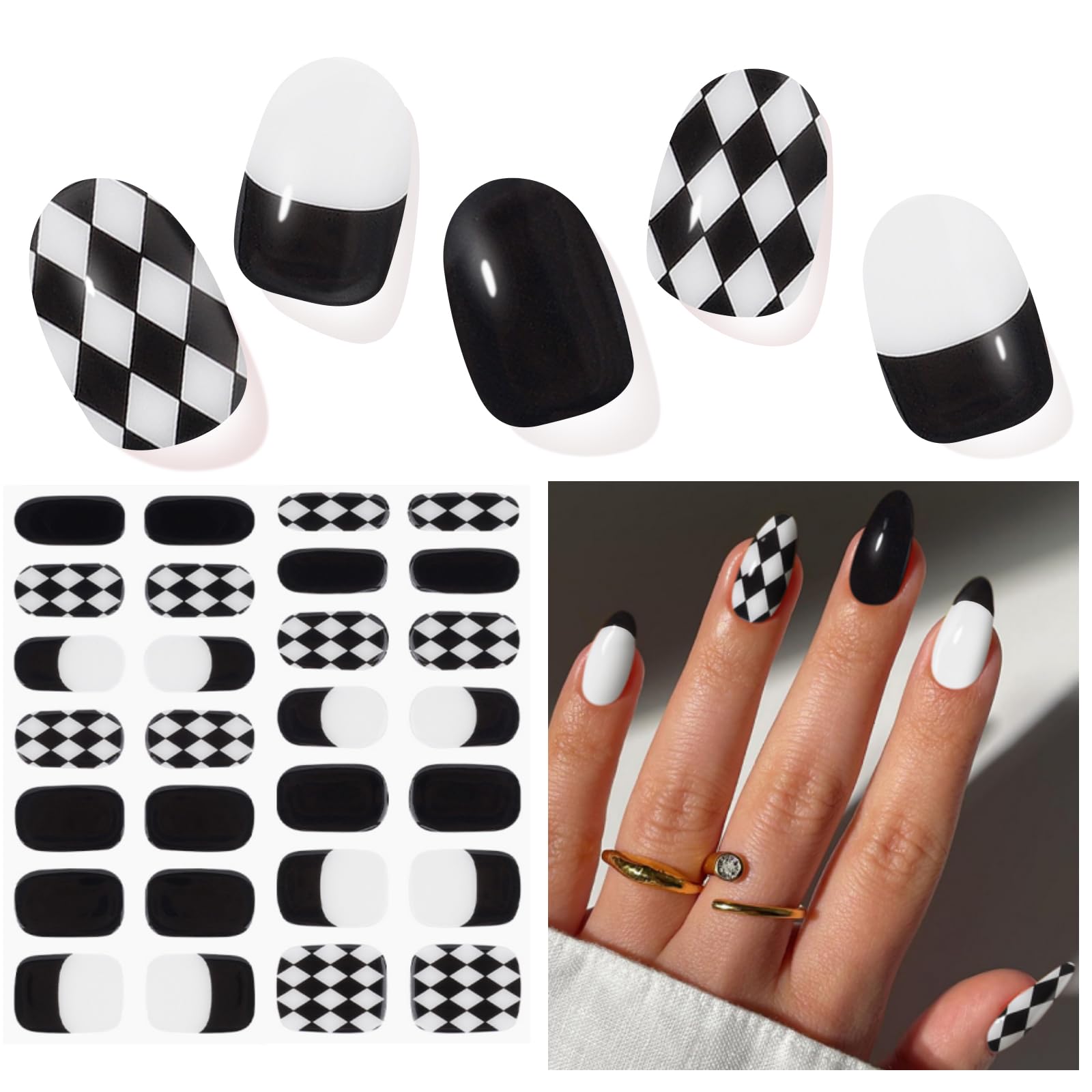 DUKASOU Checkerboard Gel Nail Strips – 28 Pcs, Salon-Quality at-Home Manicure