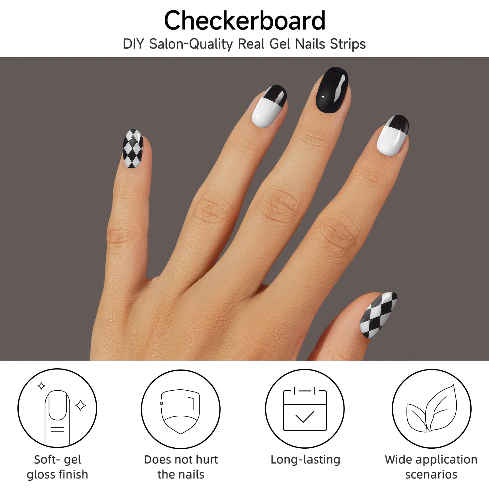 DUKASOU Checkerboard Gel Nail Strips – 28 Pcs, Salon-Quality at-Home Manicure