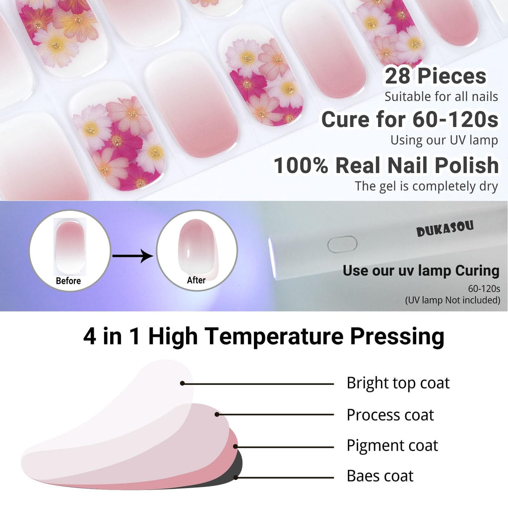 DUKASOU Semi Cured Gel Nail Strips – Spring Blossoms (28 Pcs) | DIY Nails, Salon-Quality UV Stickers