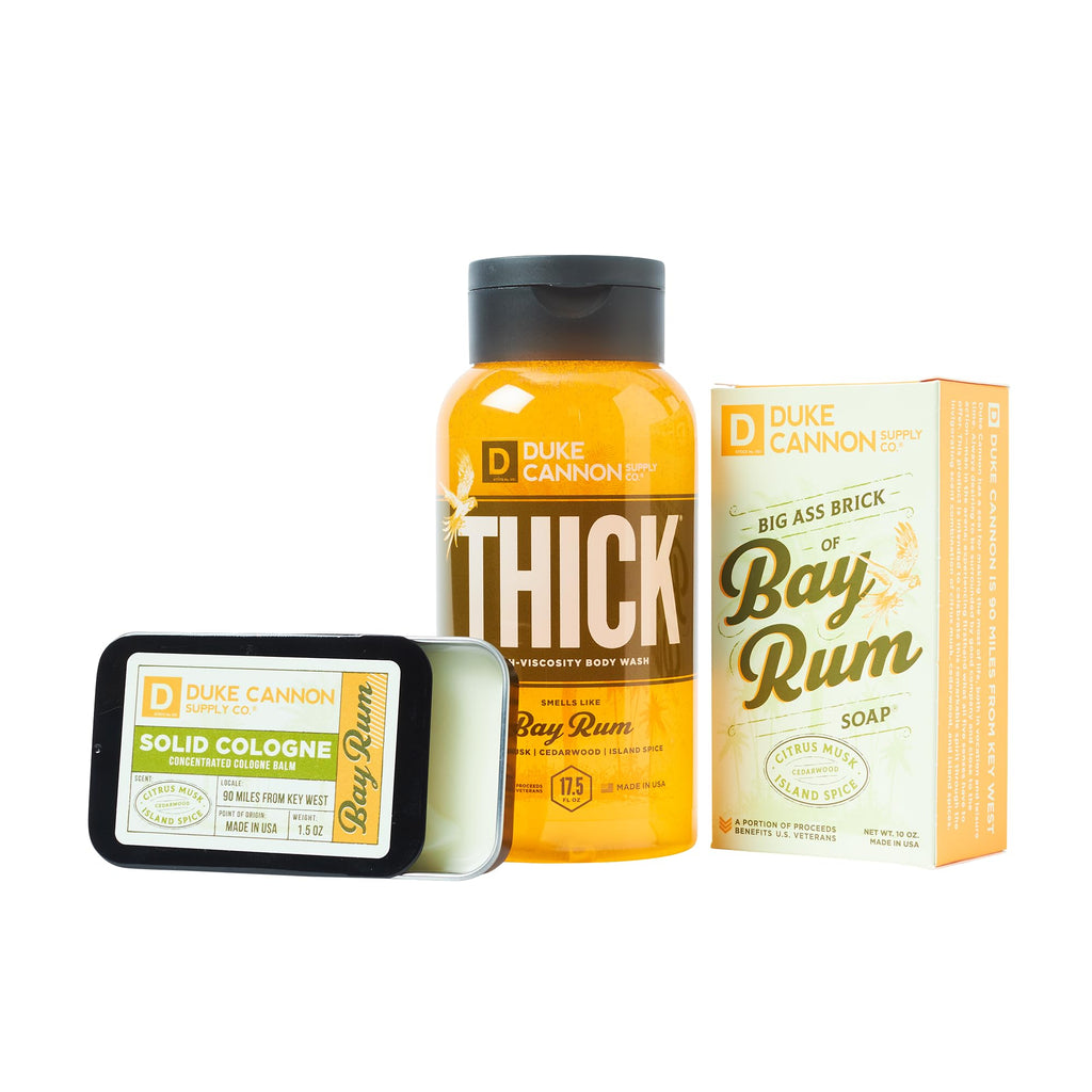Duke Cannon Bay Rum Bender Bundle – Thick Body Wash, Big Soap Brick & Solid Cologne