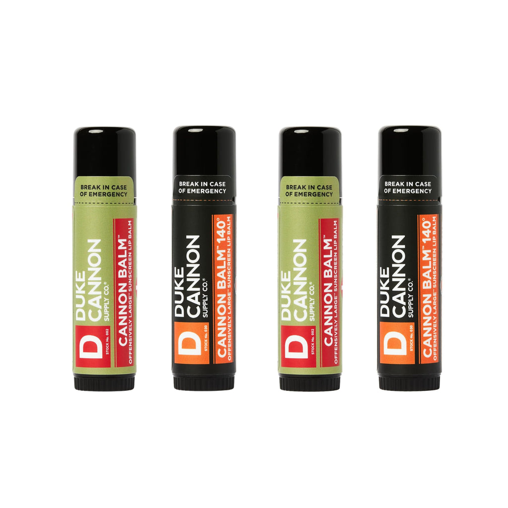 Duke Cannon Cannon Lip Balm 140° & Tactical Lip Protectant Bundle – SPF 30 & SPF 15 (Blood Orange Mint & Fresh Mint), 4-Pack