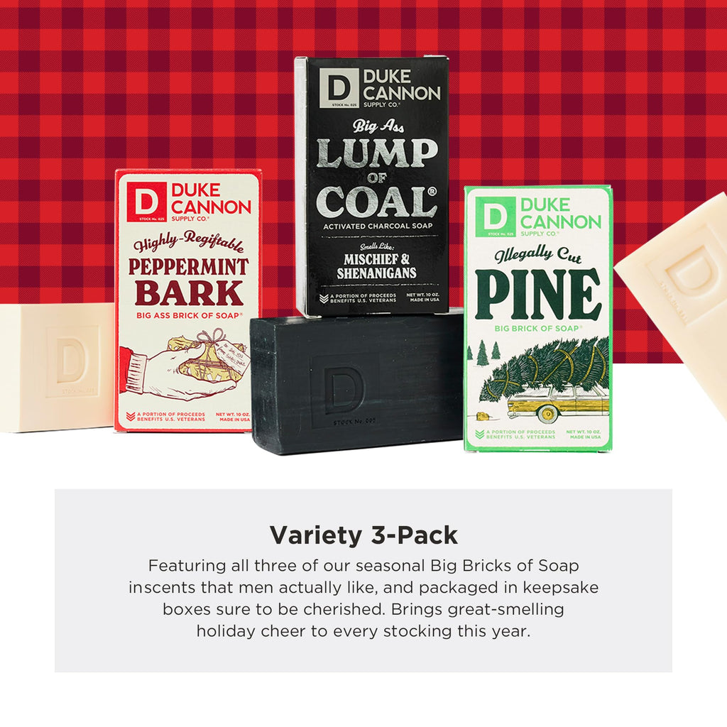 Duke Cannon Holiday 3-Pack Soap Bars – Big Lump of Coal, Illegally Cut Pine & Frothy the Beer Man, 10 oz Each