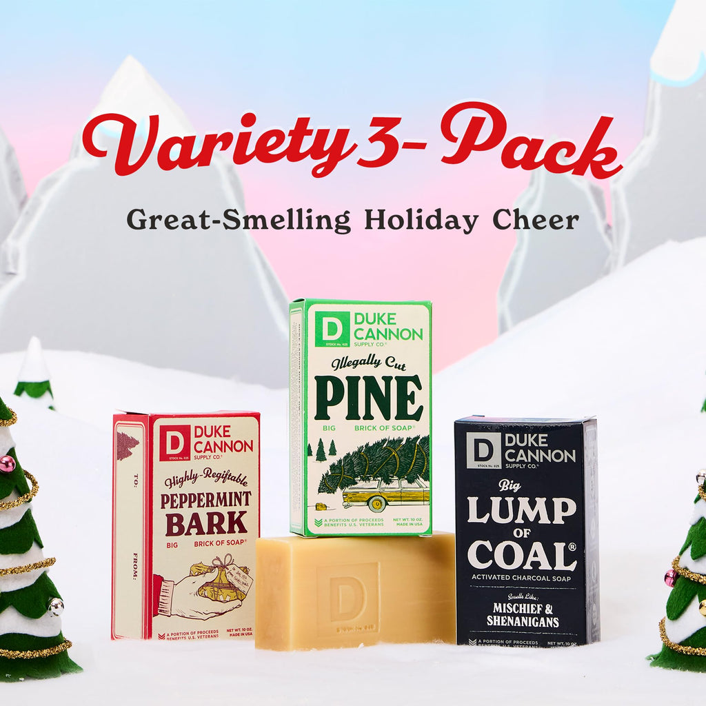 Duke Cannon Holiday 3-Pack Soap Bars – Big Lump of Coal, Illegally Cut Pine & Frothy the Beer Man, 10 oz Each