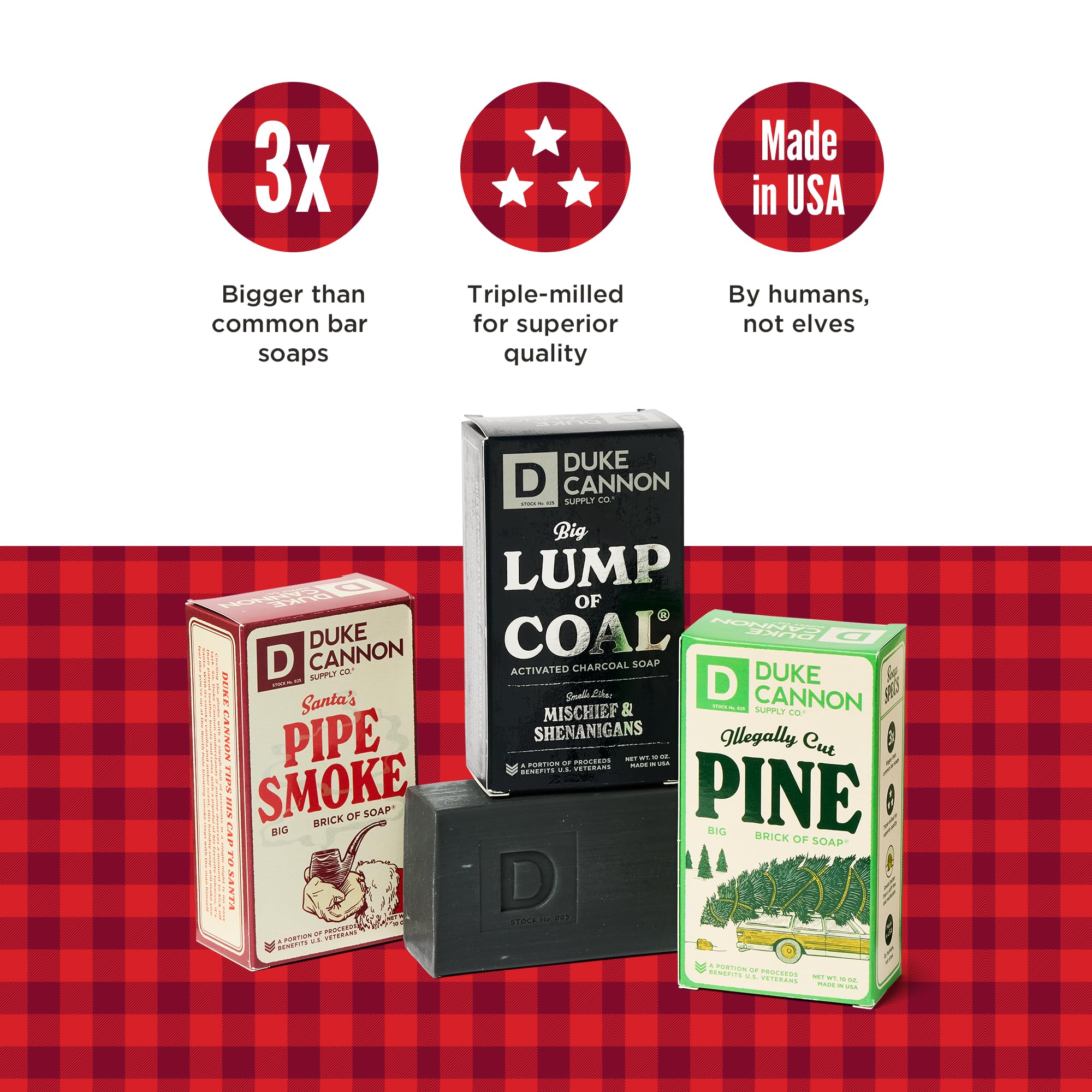Duke Cannon Holiday 3-Pack Soap Bars – Big Lump of Coal, Illegally Cut Pine & Frothy the Beer Man, 10 oz Each