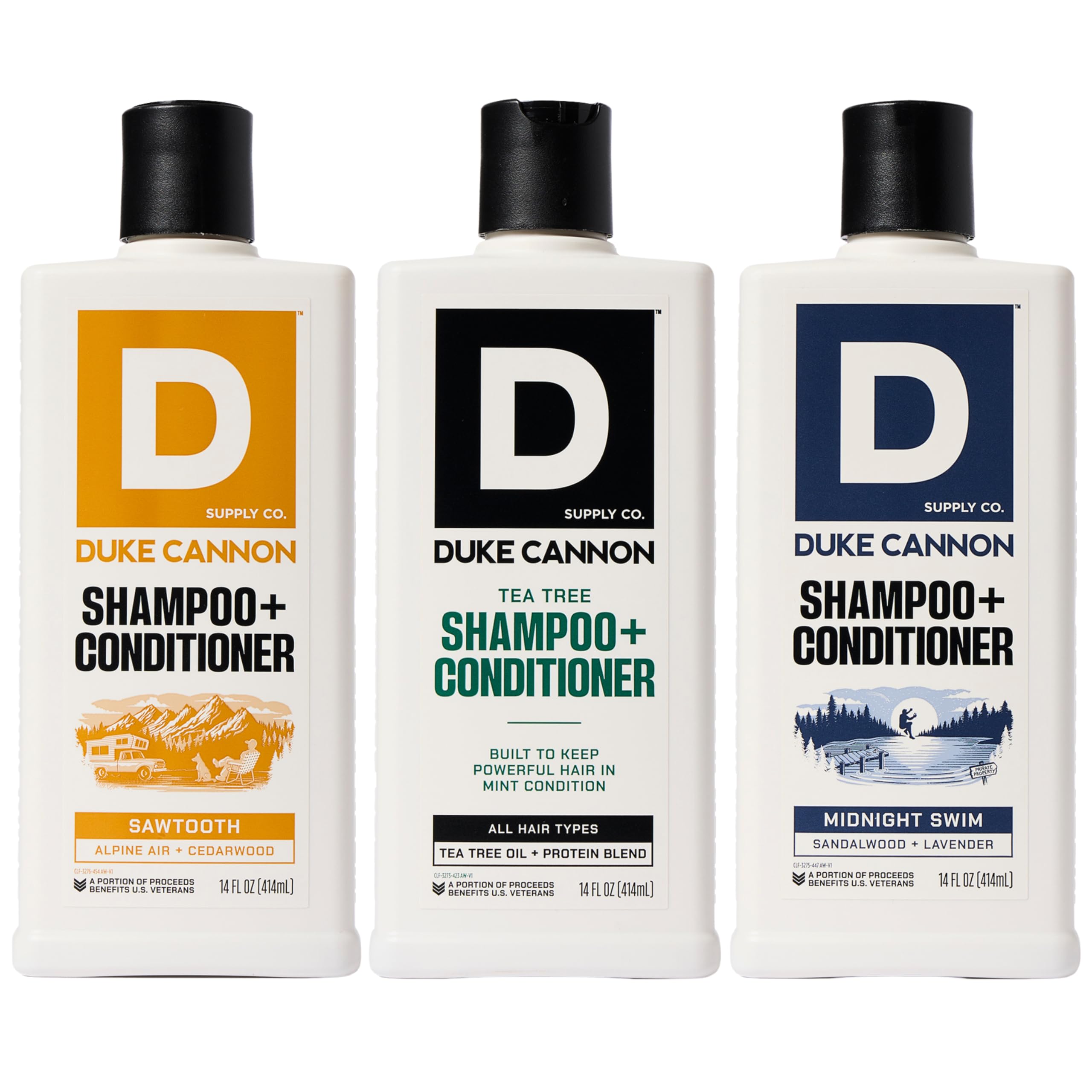 Duke Cannon Supply Co. 2-in-1 Hair Wash 3-Pack — Tea Tree, Sawtooth & Midnight Swim (14 oz each)