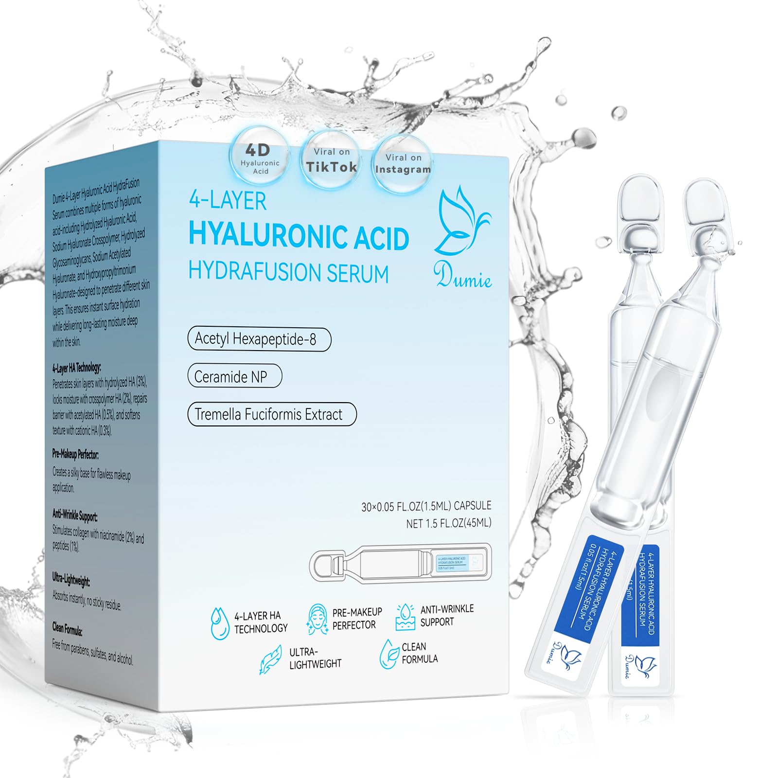Dumie 3% Hyaluronic Acid Serum – 4-HA Hydration with Ceramide NP & Acetyl Hexapeptide-8