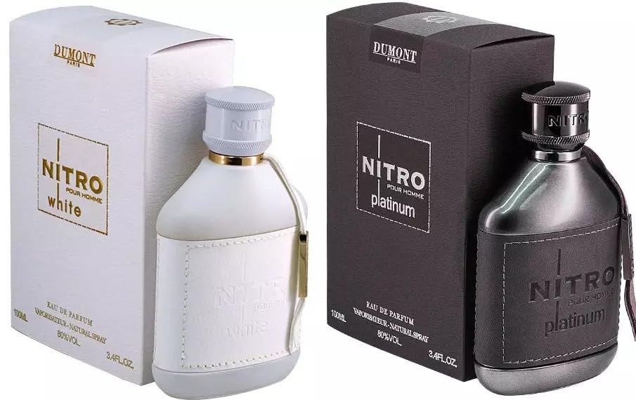 Dumont Nitro White & Nitro Platinum Eau de Parfum Set – 2x 3.45 oz / 100 ml Leather-Wrapped Bottles