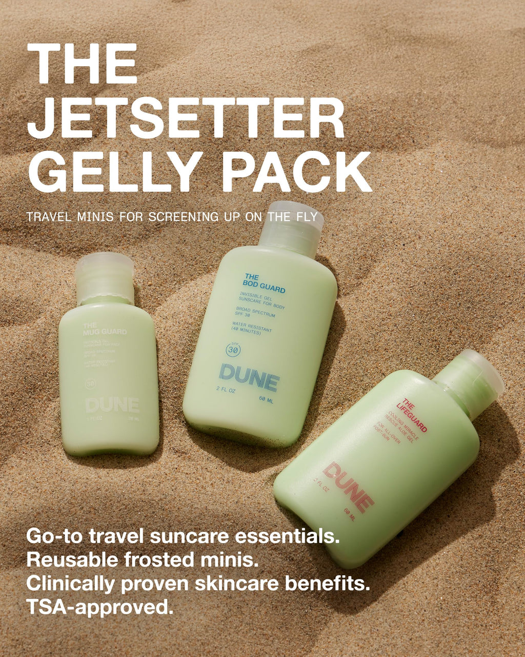 Jetsetter Gelly Mini Travel Sunscreen Kit — 72-Hour Hydration & Aloe Rescue Gel | DUNE SUNCARE