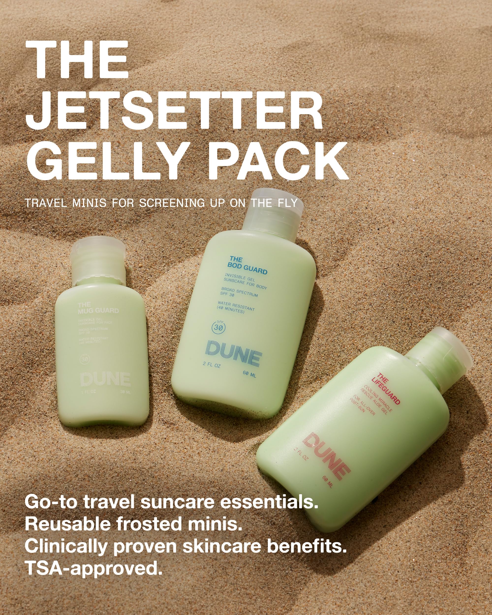 Jetsetter Gelly Mini Travel Sunscreen Kit — 72-Hour Hydration & Aloe Rescue Gel | DUNE SUNCARE