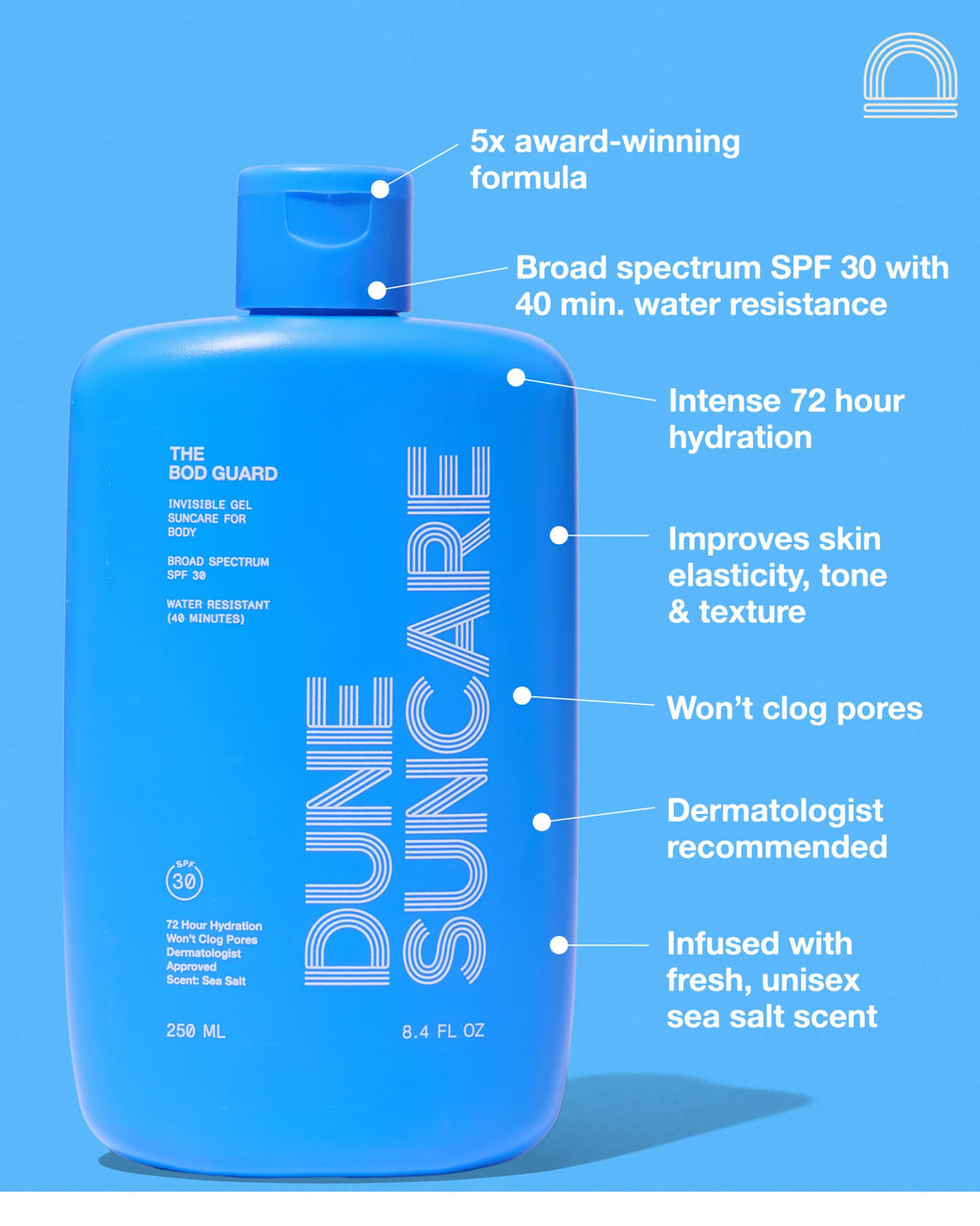 DUNE SUNCARE The Bod Guard: Award-Winning Clear Gel Sunscreen SPF 30 | 72-Hour Hydration, 40-Min Water Resistant (8.4 Fl Oz)
