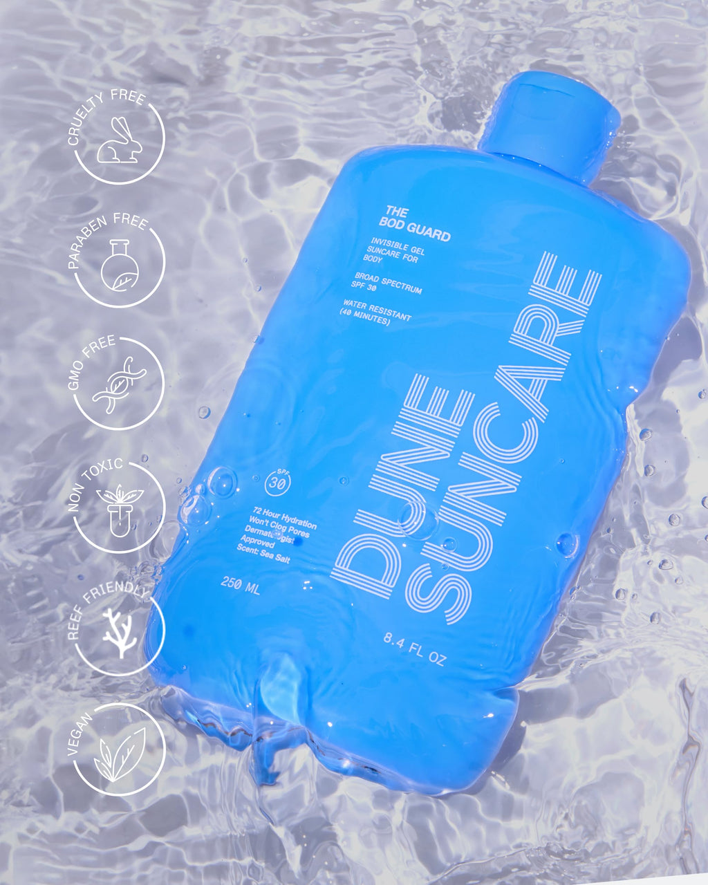 DUNE SUNCARE The Bod Guard: Award-Winning Clear Gel Sunscreen SPF 30 | 72-Hour Hydration, 40-Min Water Resistant (8.4 Fl Oz)