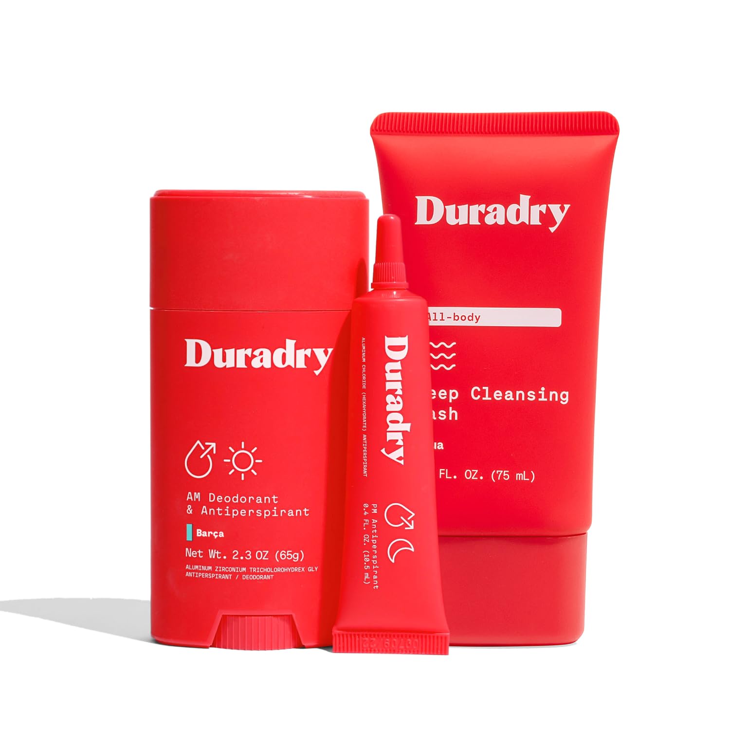 Duradry 3-Step System – Antiperspirant Stick, Sweat-Minimizing Gel, Barca Body Wash