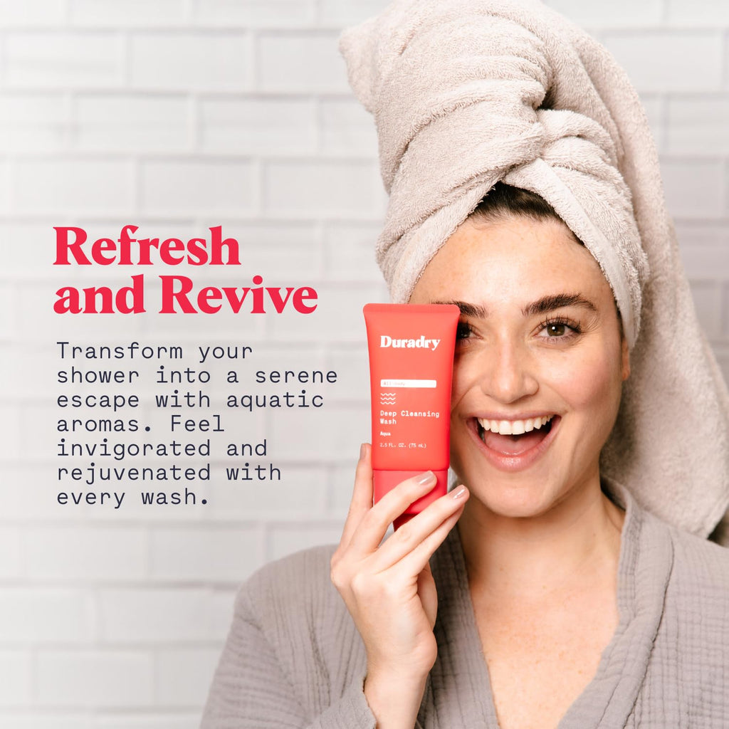 Duradry Deodorizing Body Wash for Women and Men - All-Day Odor Protection, Deep Cleansing, and Skin Moisturization | Aqua Fragrance | Travel-Size 2.5 Fl Oz (Pack of 3)
