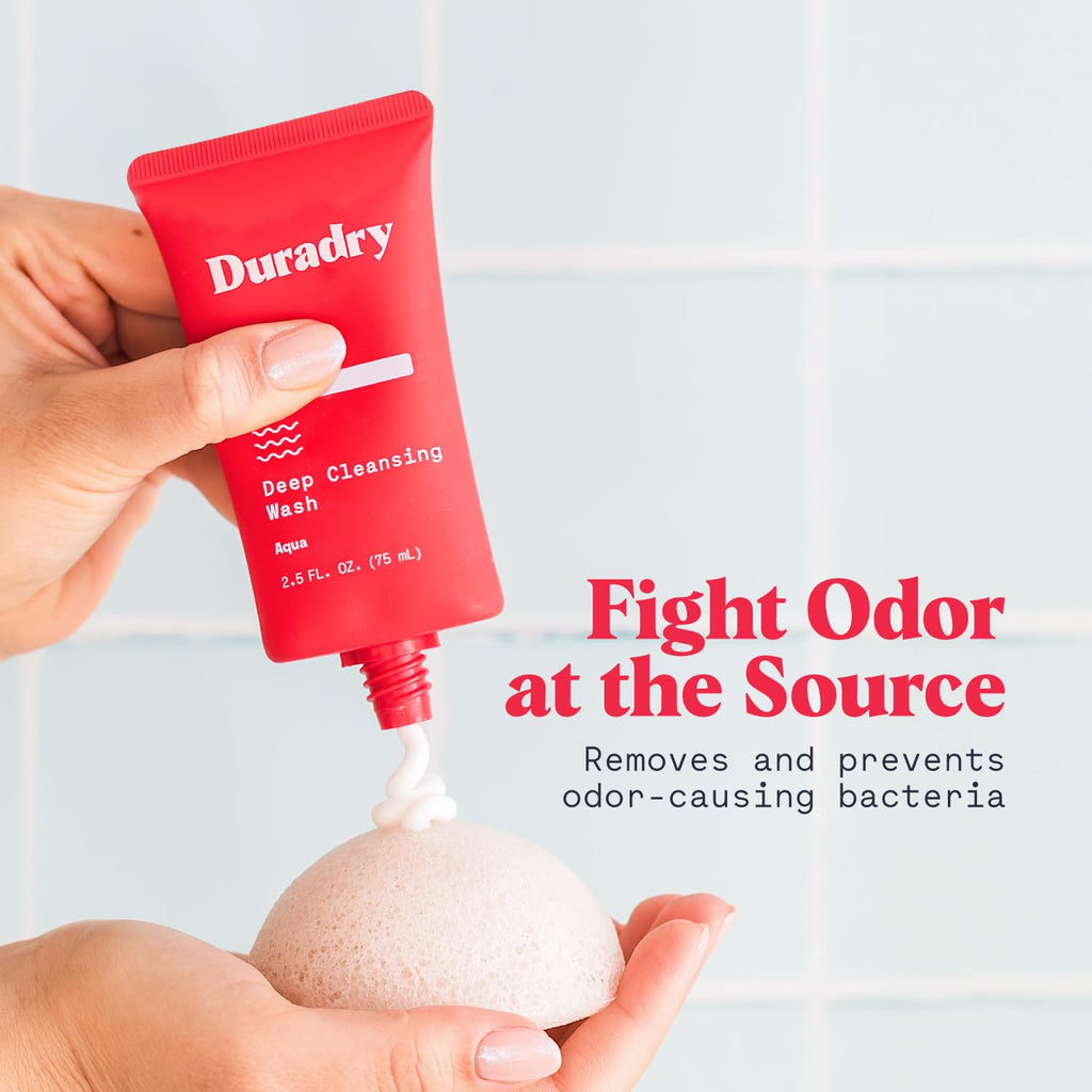 Duradry Deodorizing Body Wash for Women and Men - All-Day Odor Protection, Deep Cleansing, and Skin Moisturization | Aqua Fragrance | Travel-Size 2.5 Fl Oz (Pack of 3)
