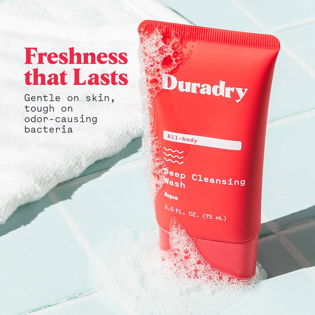 Duradry Deodorizing Body Wash for Women and Men - All-Day Odor Protection, Deep Cleansing, and Skin Moisturization | Aqua Fragrance | Travel-Size 2.5 Fl Oz (Pack of 3)
