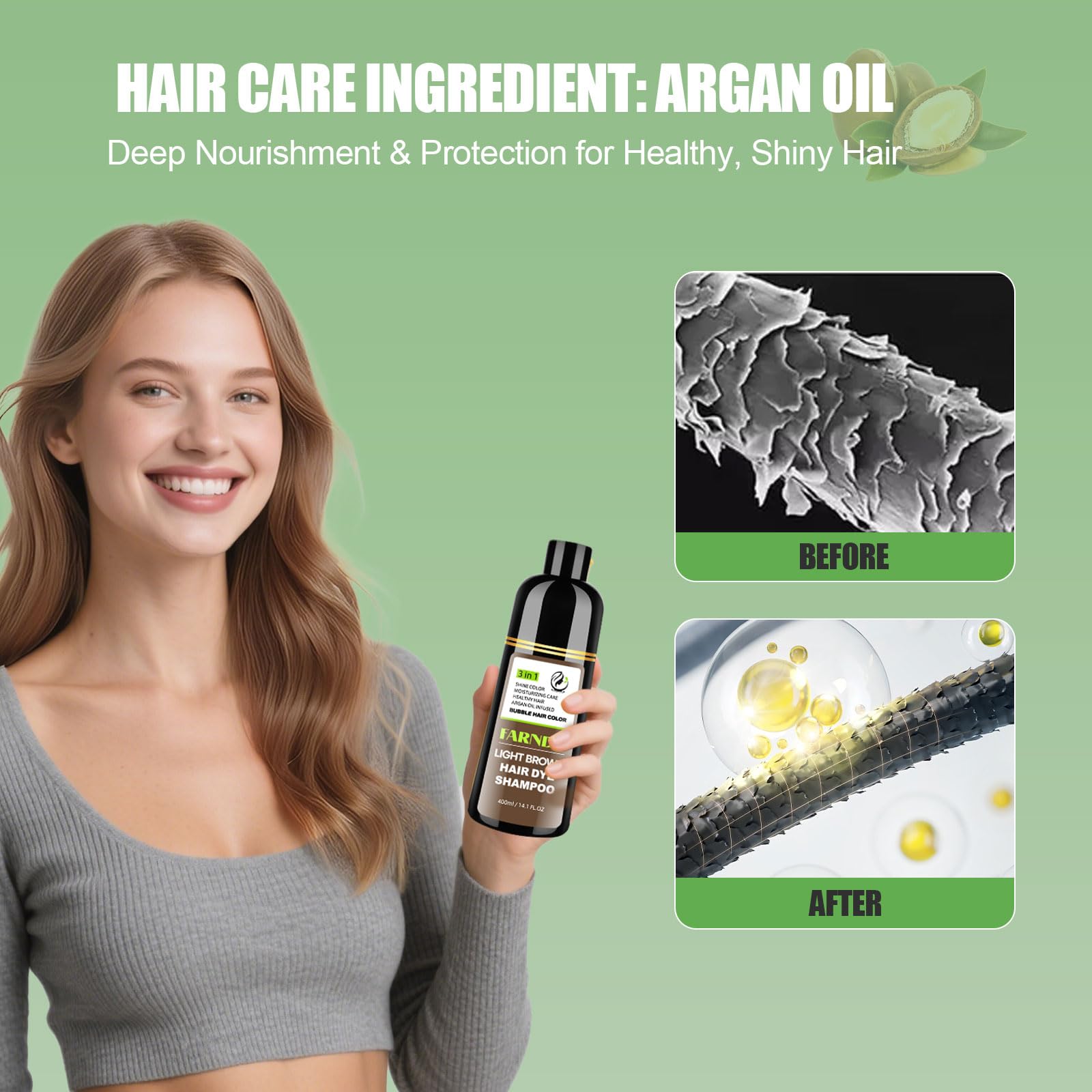 FARNDU Light Brown Hair Dye Shampoo 3-in-1 with Argan Oil – 10–15 Min Gray Coverage | DYEING 221 BC