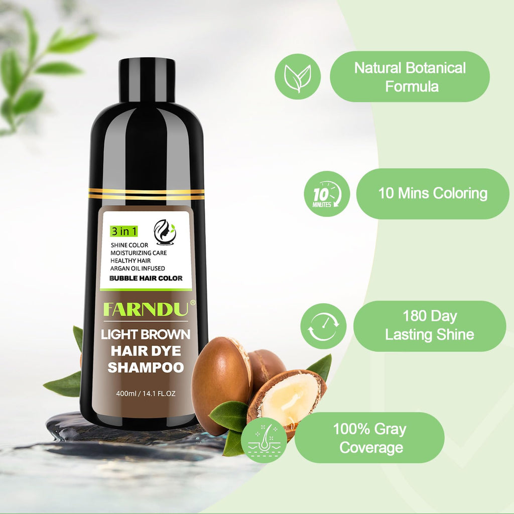 FARNDU Light Brown Hair Dye Shampoo 3-in-1 with Argan Oil – 10–15 Min Gray Coverage | DYEING 221 BC