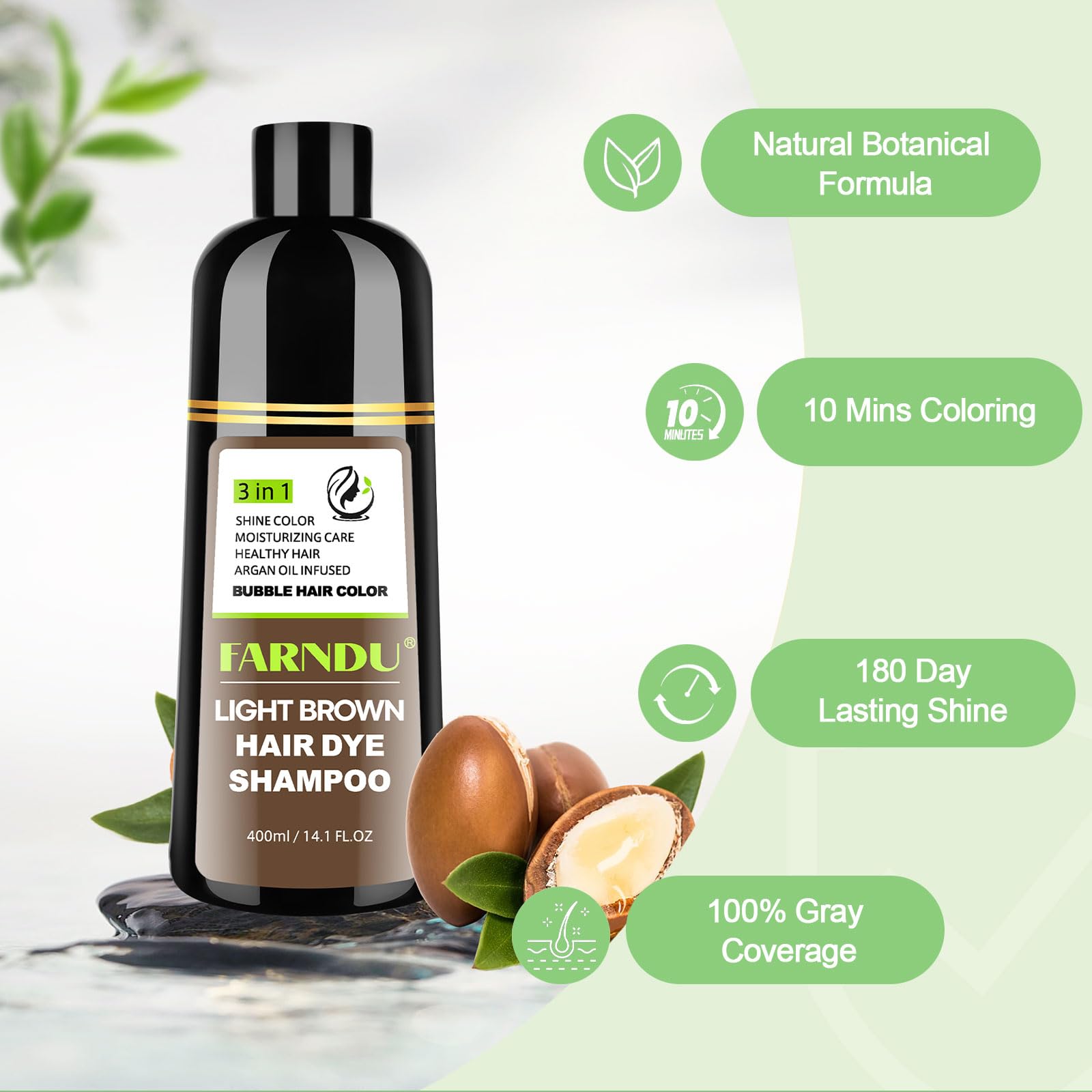FARNDU Light Brown Hair Dye Shampoo 3-in-1 with Argan Oil – 10–15 Min Gray Coverage | DYEING 221 BC