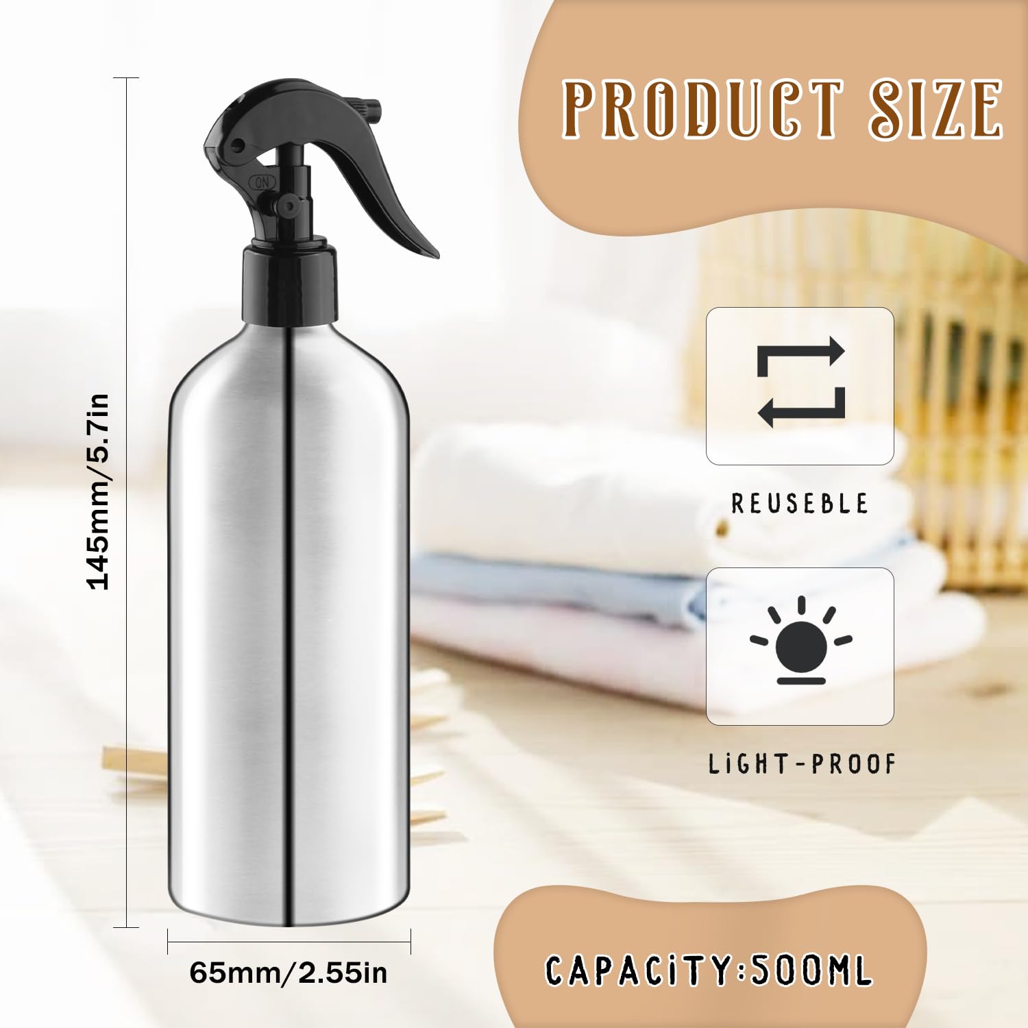 DynnnDy 3 Pack Aluminum Spray Bottles – 500ml, Adjustable Nozzle, Refillable