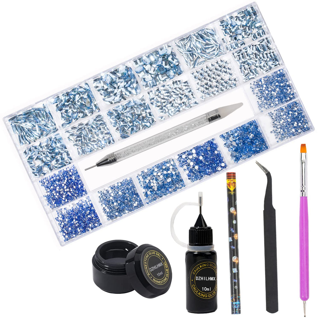 DZHILHMX Nail Rhinestones — 4300+ Light Blue Crystals with Mixed Shapes, Glue Gel & Tools