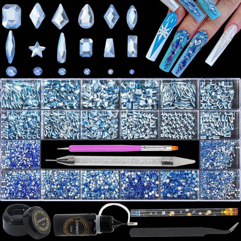 DZHILHMX Nail Rhinestones — 4300+ Light Blue Crystals with Mixed Shapes, Glue Gel & Tools