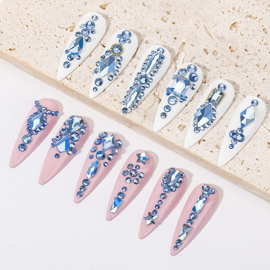 DZHILHMX Nail Rhinestones — 4300+ Light Blue Crystals with Mixed Shapes, Glue Gel & Tools