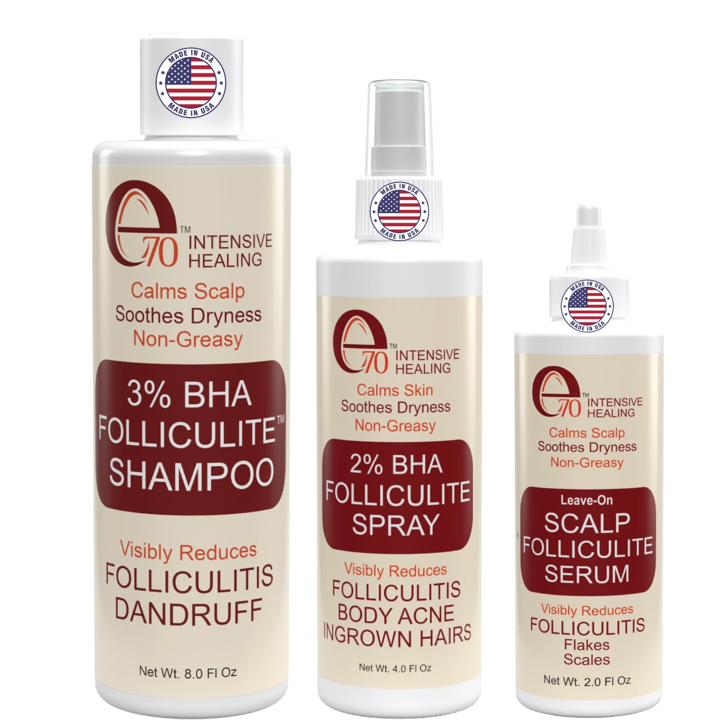 e70 Folliculitis 3-Piece Set: Shampoo, Serum & Body Spray with Salicylic Acid
