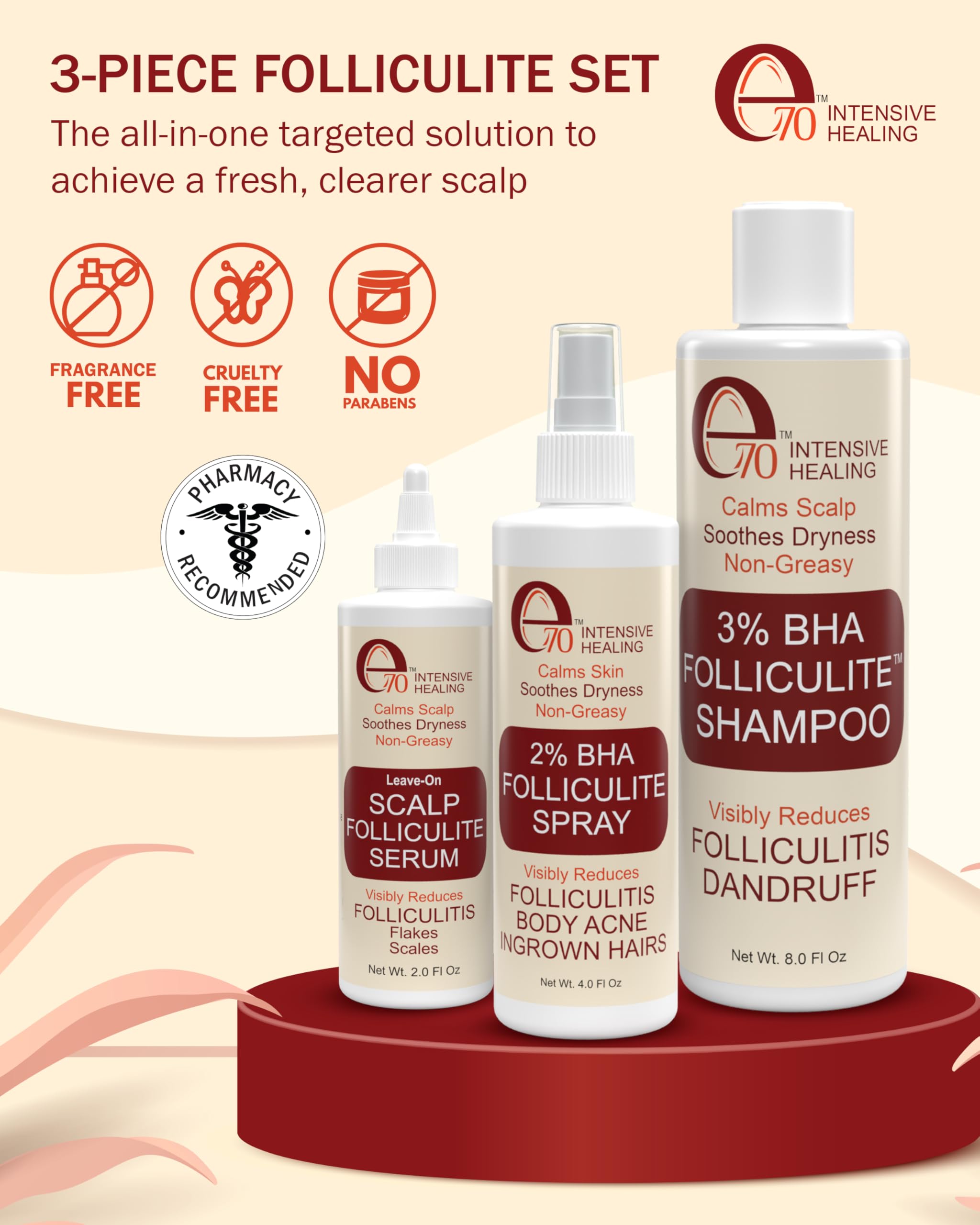 e70 Folliculitis 3-Piece Set: Shampoo, Serum & Body Spray with Salicylic Acid