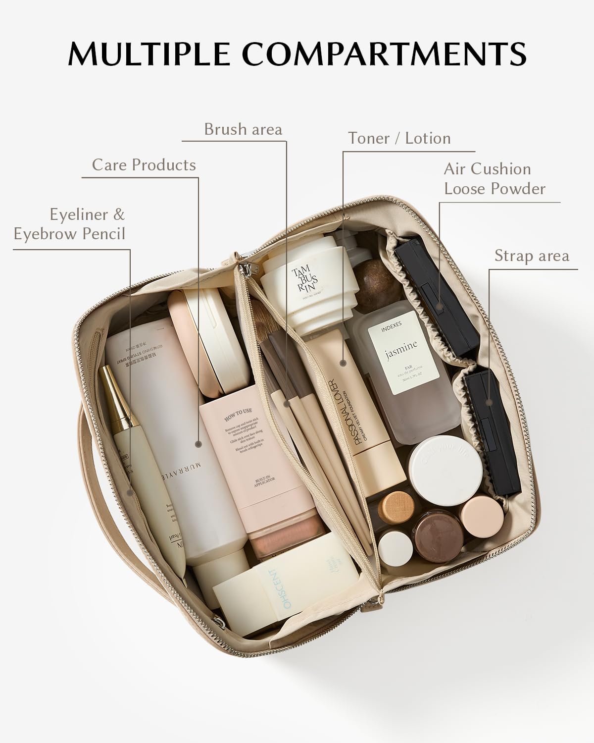 Eachy Travel Makeup Bag – Satin, Large Capacity with Handle & 180° Wide Opening