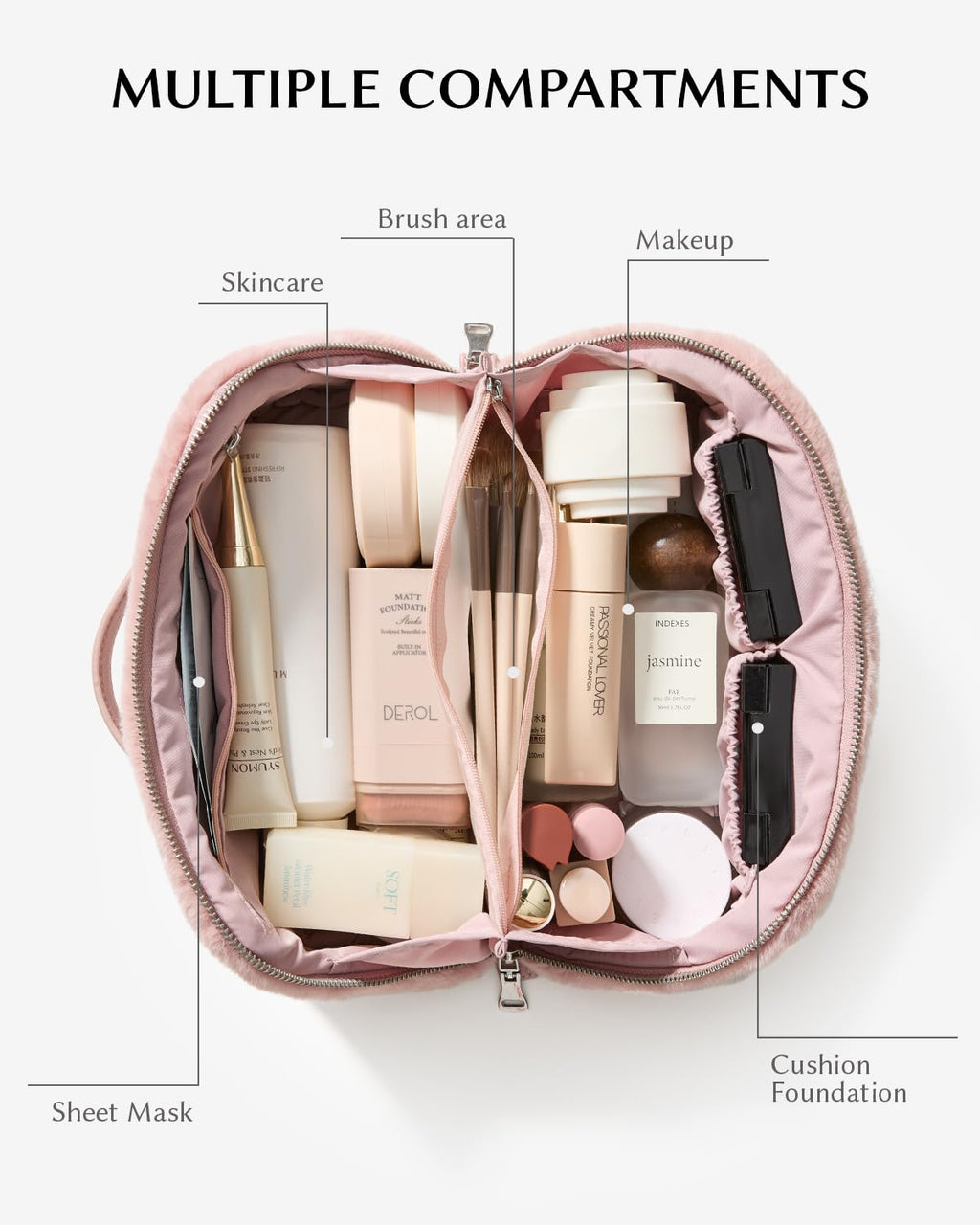 EACHY Travel Makeup Bag — Faux Fur Cosmetic Case with 180° Flat-Open Access | Large Capacity