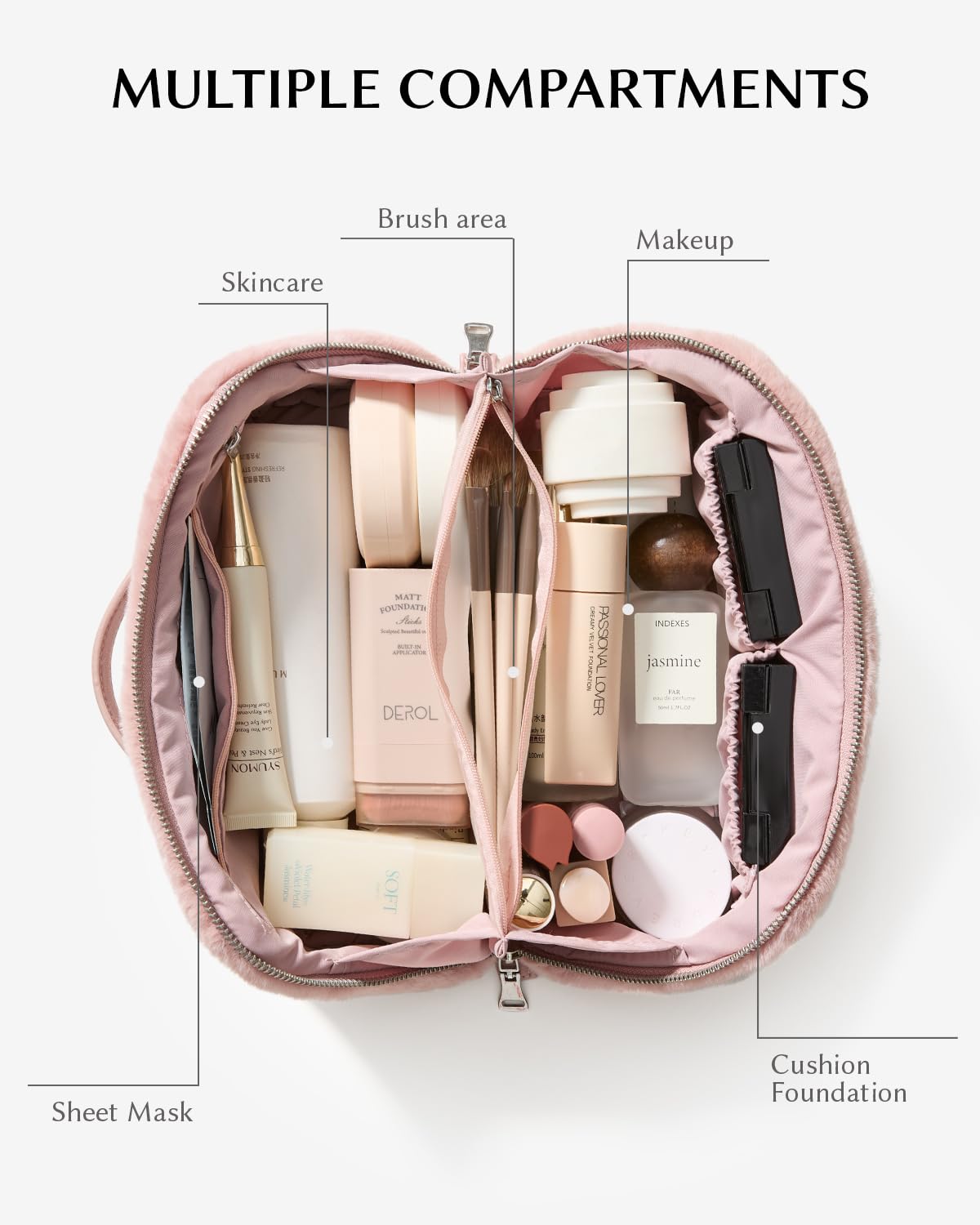 EACHY Travel Makeup Bag — Faux Fur Cosmetic Case with 180° Flat-Open Access | Large Capacity