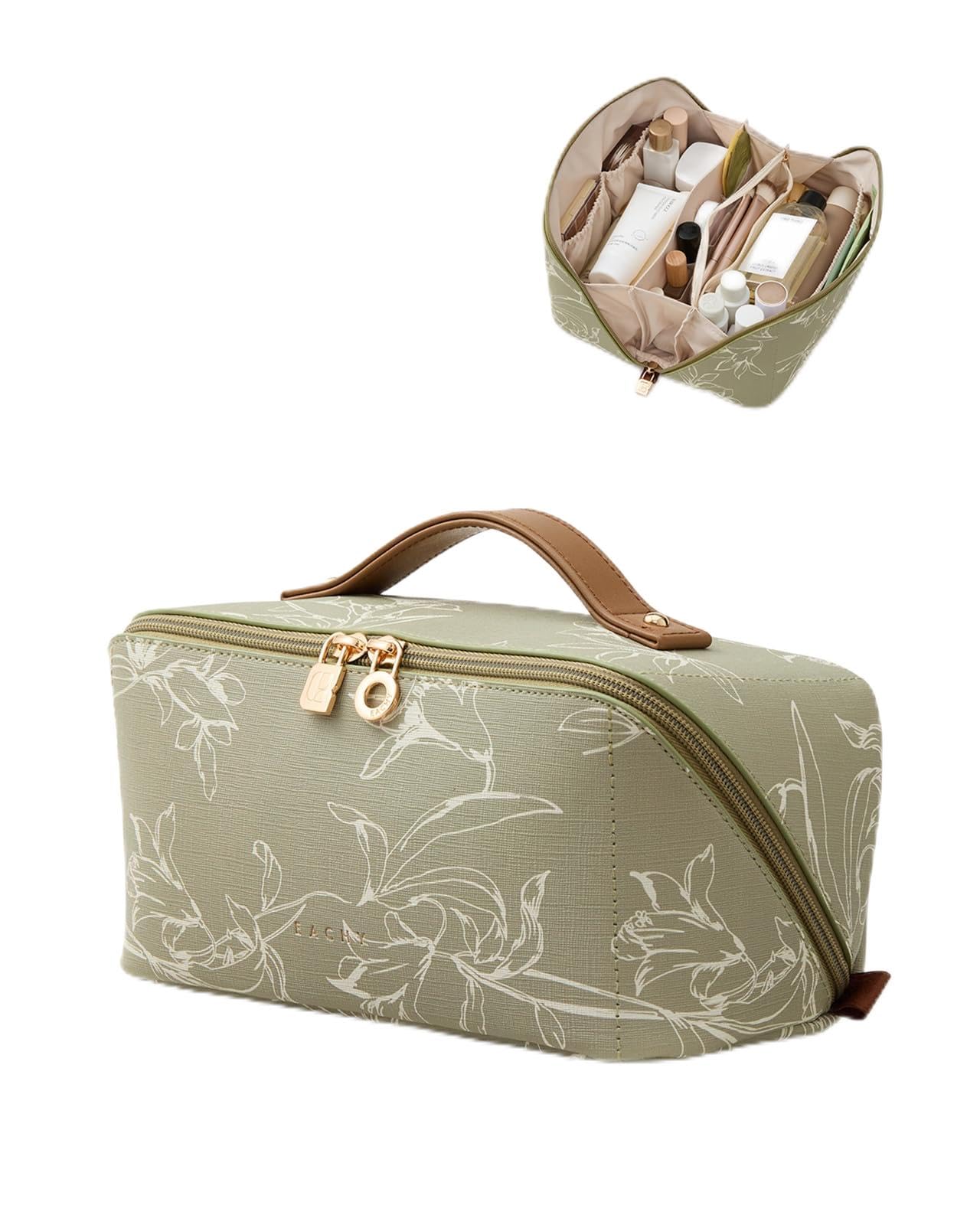 EACHY Travel Makeup Bag — Large Capacity Waterproof Cosmetic Bag for Women | Open Flat Design