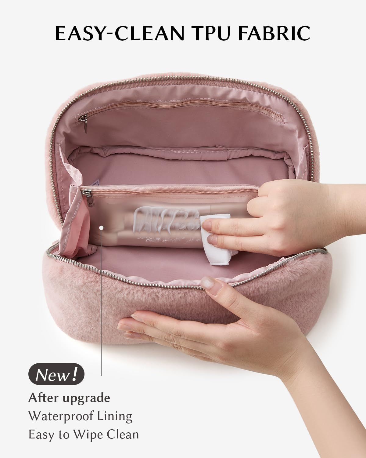 EACHY Travel Makeup Bag — Faux Fur Cosmetic Case with 180° Flat-Open Access | Large Capacity