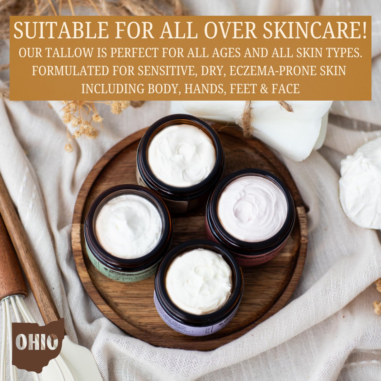 EAP ACRES 100% Grass-Fed Whipped Tallow Balm with Organic Jojoba Oil Infused: Calendula & Chamomile – Unscented Face & Body Moisturizer