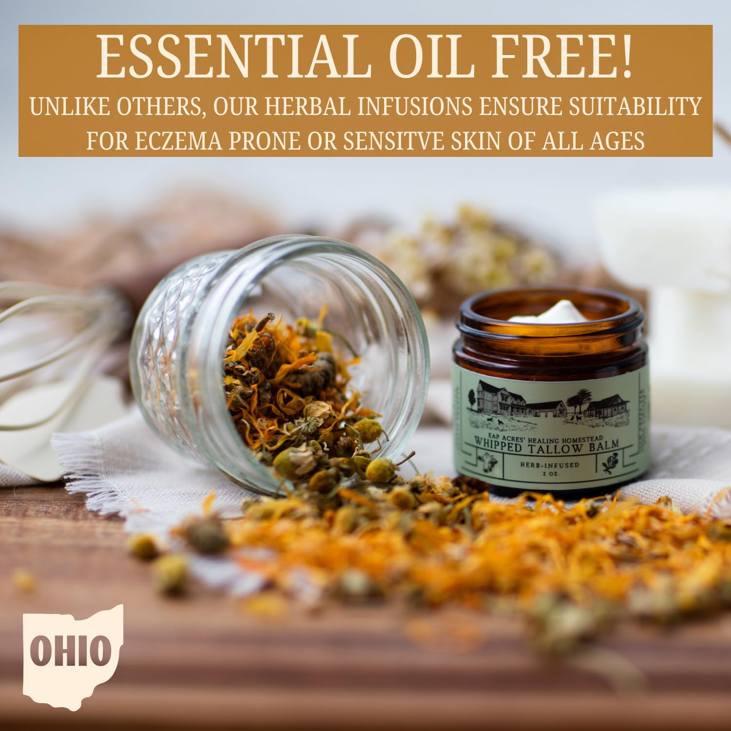 EAP ACRES 100% Grass-Fed Whipped Tallow Balm with Organic Jojoba Oil Infused: Calendula & Chamomile – Unscented Face & Body Moisturizer