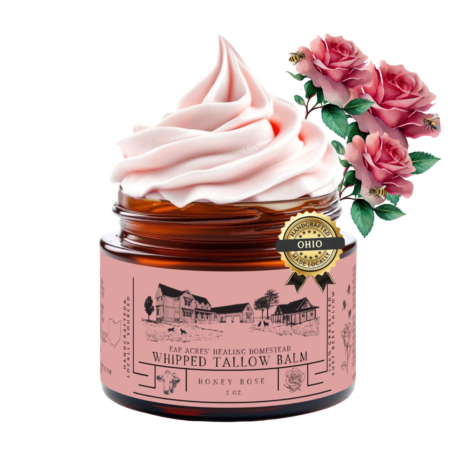 EAP ACRES Rose-Infused Whipped Tallow Balm – Grass-Fed Tallow, Manuka Honey & Jojoba Oil