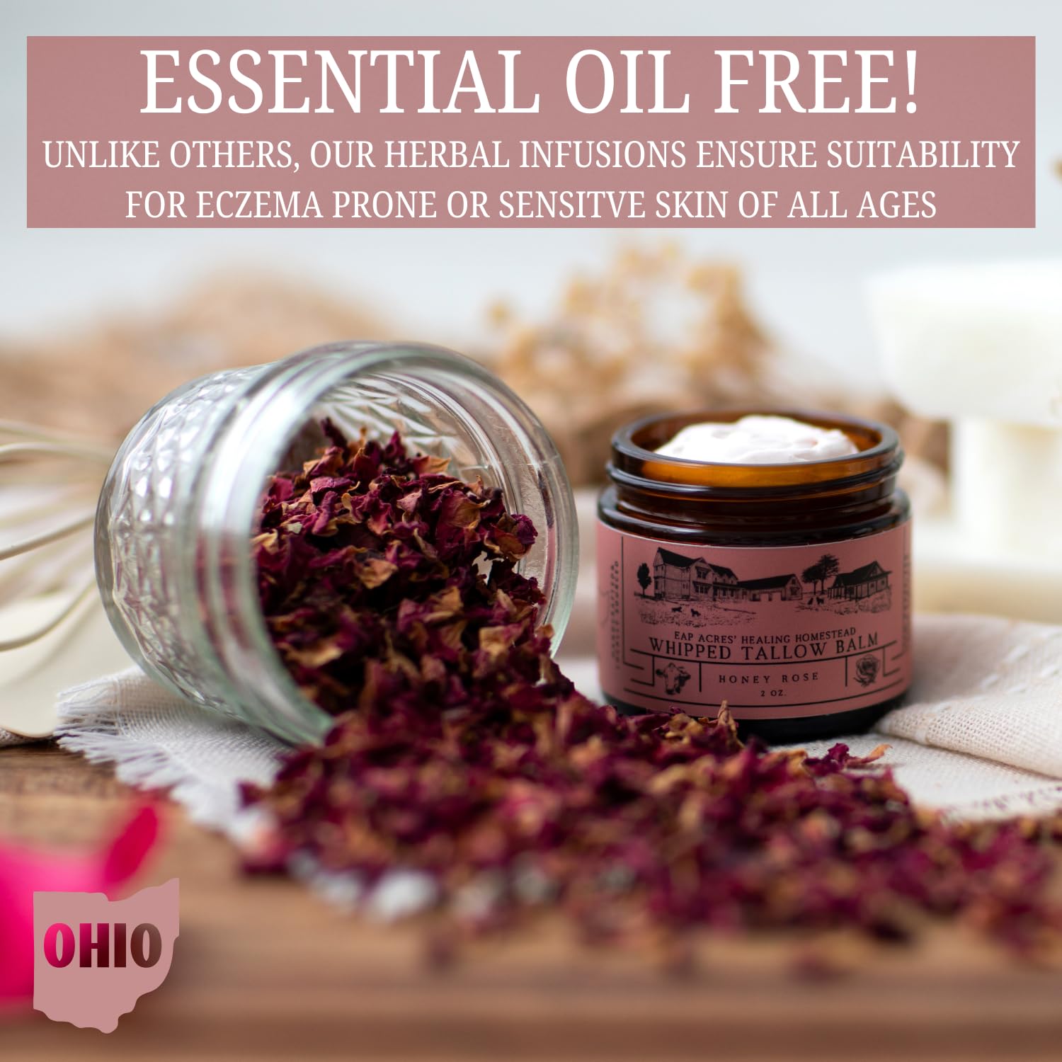 EAP ACRES Rose-Infused Whipped Tallow Balm – Grass-Fed Tallow, Manuka Honey & Jojoba Oil