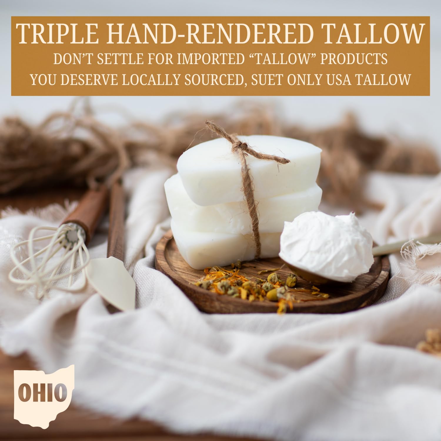 EAP ACRES 100% Grass-Fed Whipped Tallow Balm with Organic Jojoba Oil Infused: Calendula & Chamomile – Unscented Face & Body Moisturizer