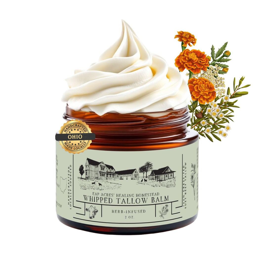 EAP ACRES 100% Grass-Fed Whipped Tallow Balm with Organic Jojoba Oil Infused: Calendula & Chamomile – Unscented Face & Body Moisturizer