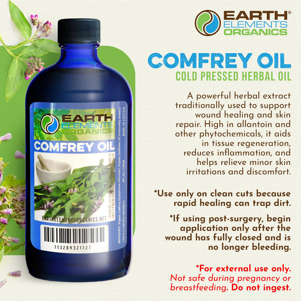 Earth Elements Organics Comfrey Oil – Organic Herbal Skincare, Sunflower Oil, 4 fl oz
