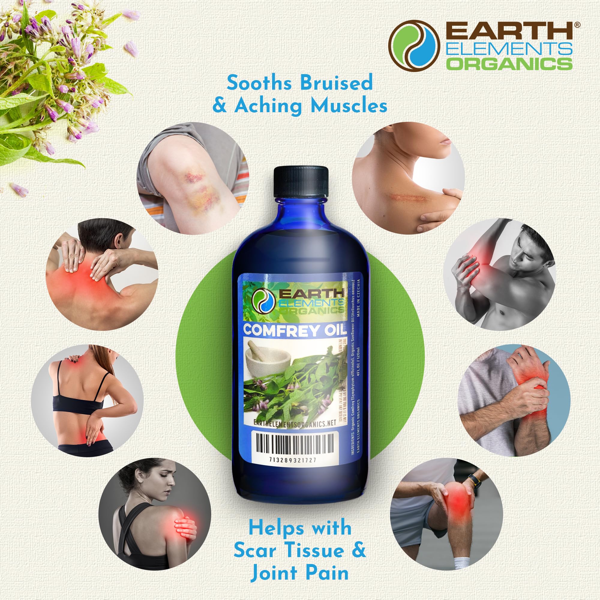 Earth Elements Organics Comfrey Oil – Organic Herbal Skincare, Sunflower Oil, 4 fl oz