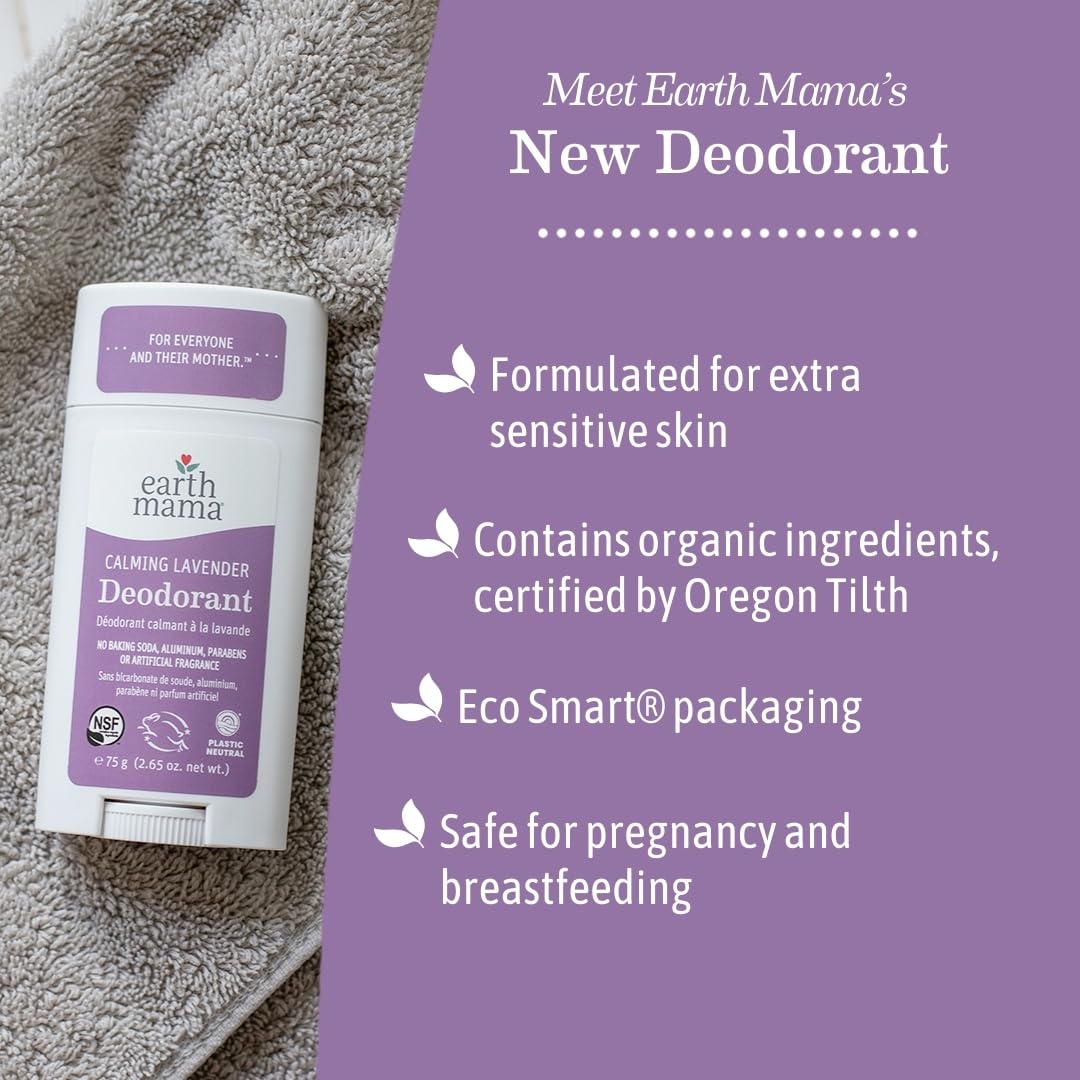 Earth Mama Calming Lavender Deodorant – Aluminum-Free, Safe for Sensitive Skin, Pregnancy & Nursing