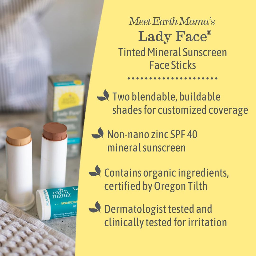Earth Mama Lady Face SPF 40 Mineral Sunscreen Stick – Medium/Dark Tint (Foundation + Concealer)