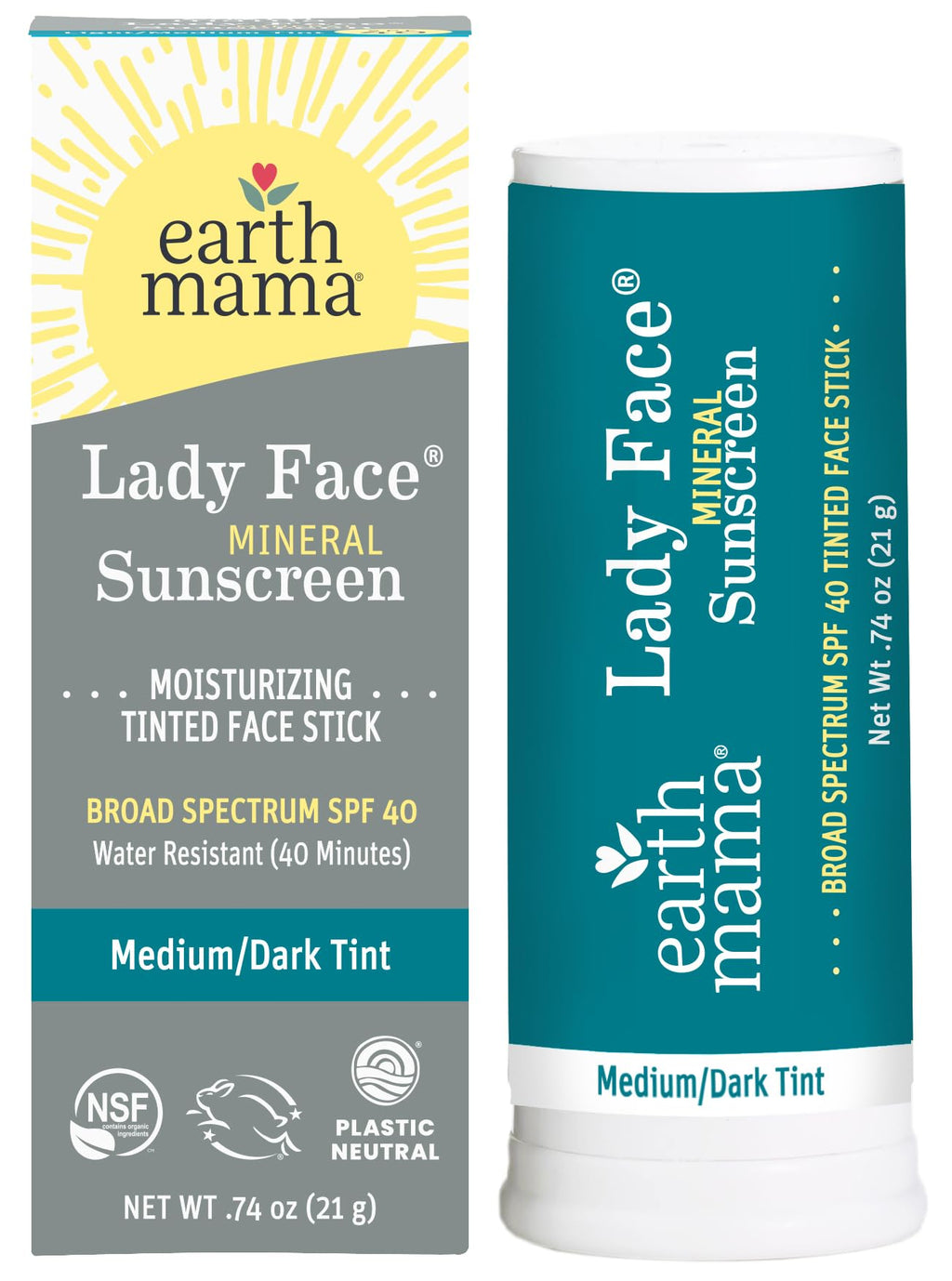 Earth Mama Lady Face SPF 40 Mineral Sunscreen Stick – Medium/Dark Tint (Foundation + Concealer)