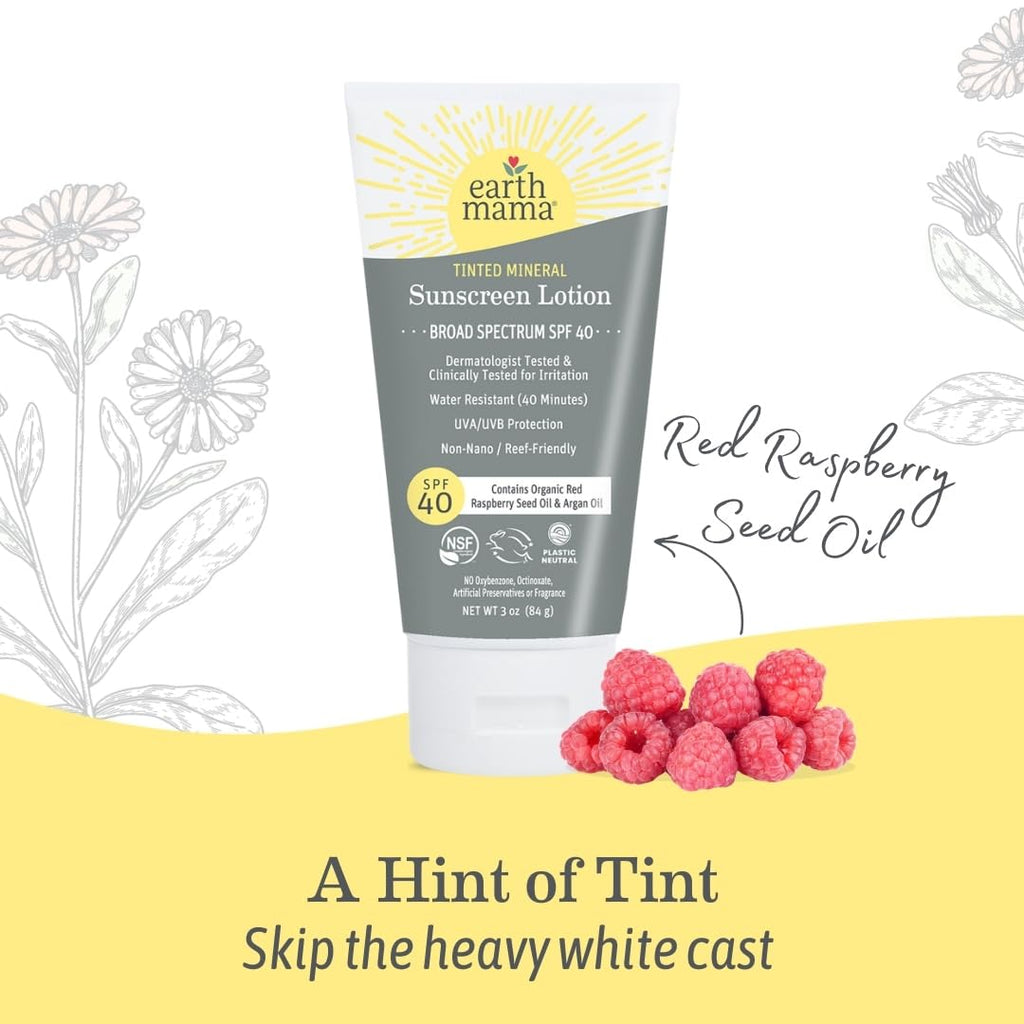 Earth Mama Tinted Mineral Sunscreen Lotion SPF 40 — 3 oz with Organic Argan & Red Raspberry Seed Oil