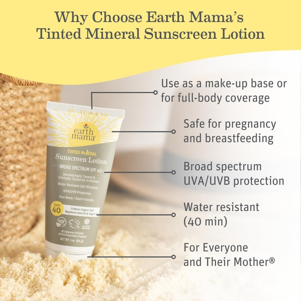 Earth Mama Tinted Mineral Sunscreen Lotion SPF 40 — 3 oz with Organic Argan & Red Raspberry Seed Oil
