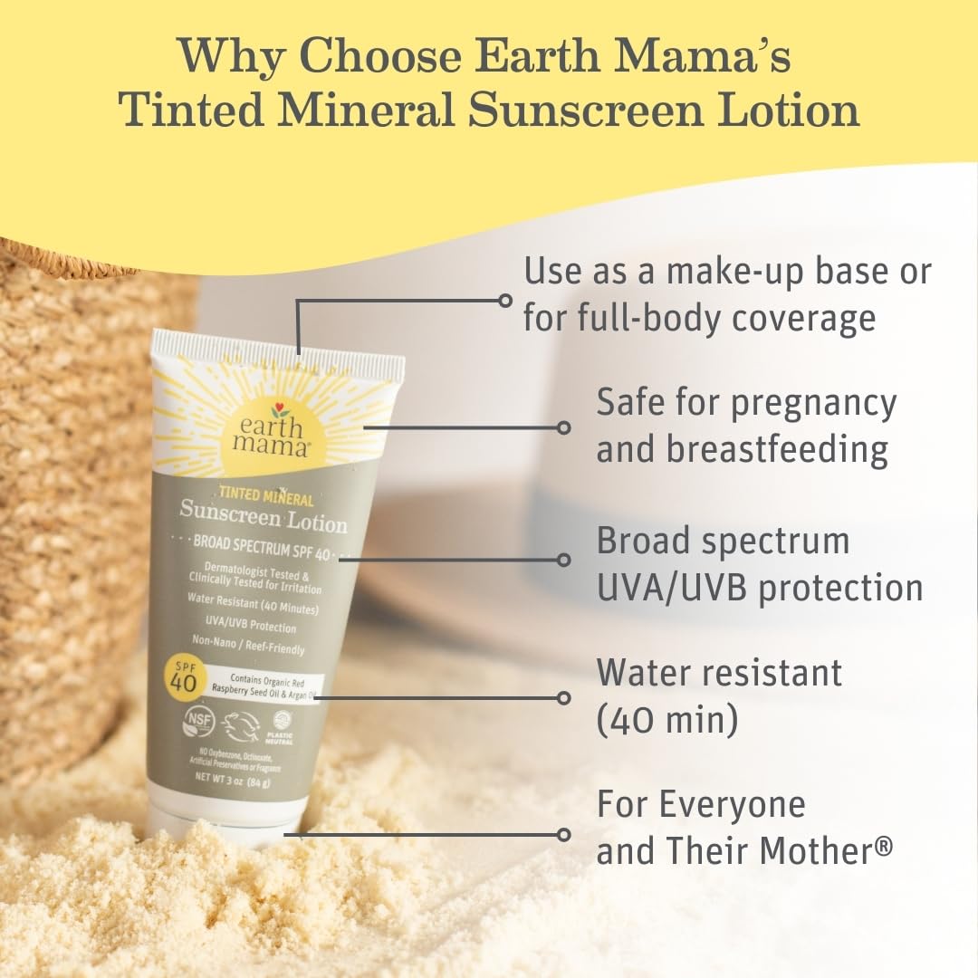 Earth Mama Tinted Mineral Sunscreen Lotion SPF 40 — 3 oz with Organic Argan & Red Raspberry Seed Oil