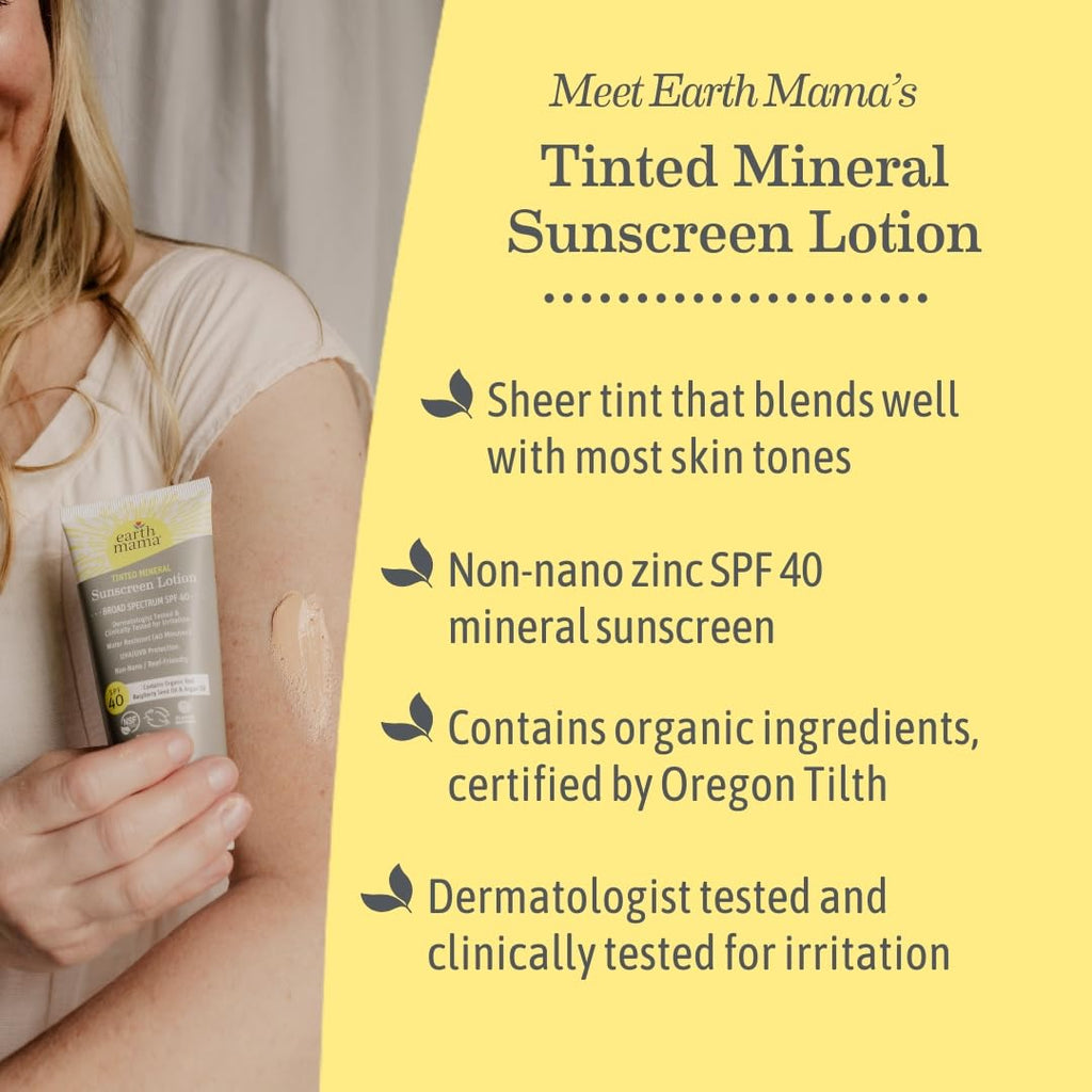 Earth Mama Tinted Mineral Sunscreen Lotion SPF 40 — 3 oz with Organic Argan & Red Raspberry Seed Oil